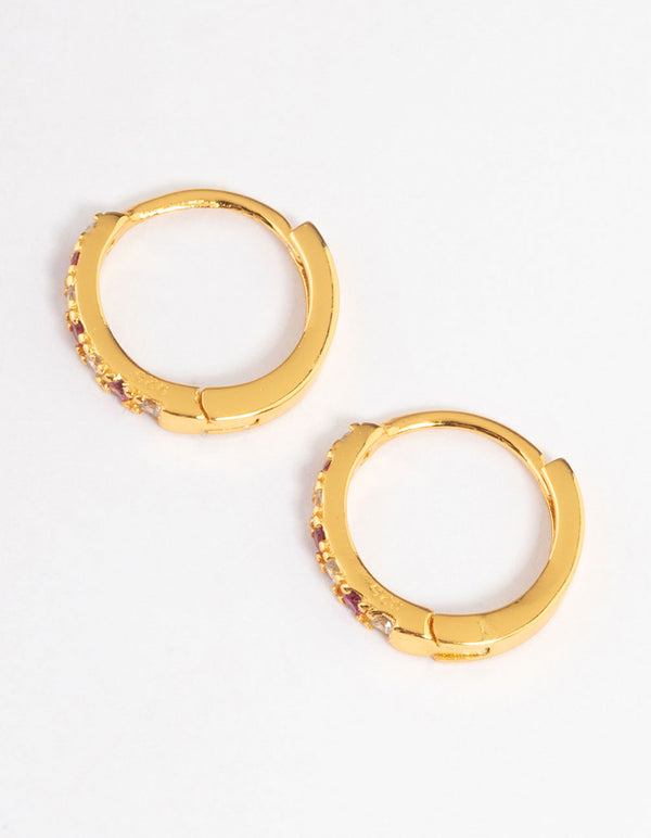 Gold Plated Sterling Silver Cubic Zirconia Check Huggie Earrings