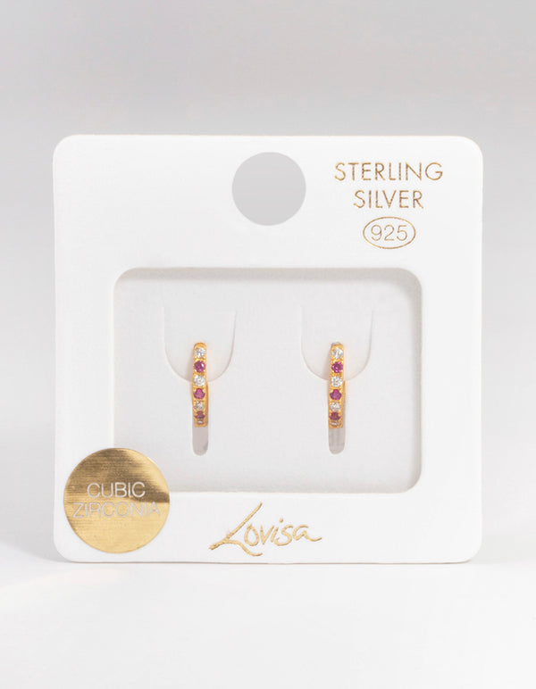 Gold Plated Sterling Silver Cubic Zirconia Check Huggie Earrings