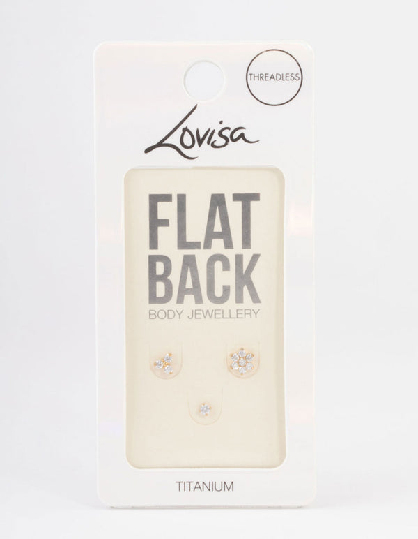 Gold Plated Titanium Cubic Zirconia Flower Threadless Flat Back Pack