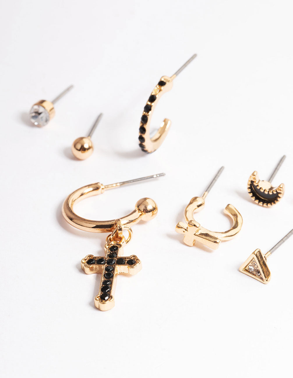 Gold Cross & Symbol Stack Earrings