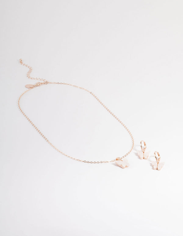 White Rose Gold Acrylic Butterfly Necklace & Earring Set