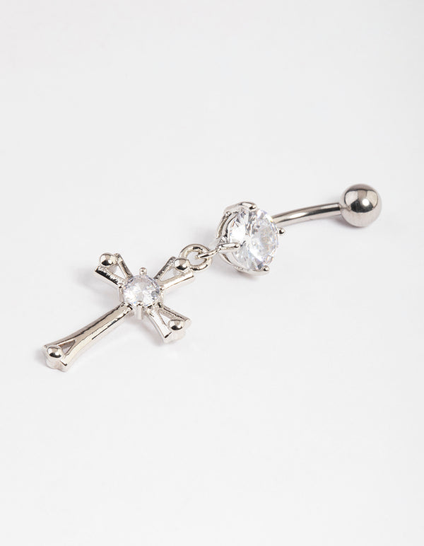 Surgical SteelCubic Zirconia Cross Drop Belly Ring