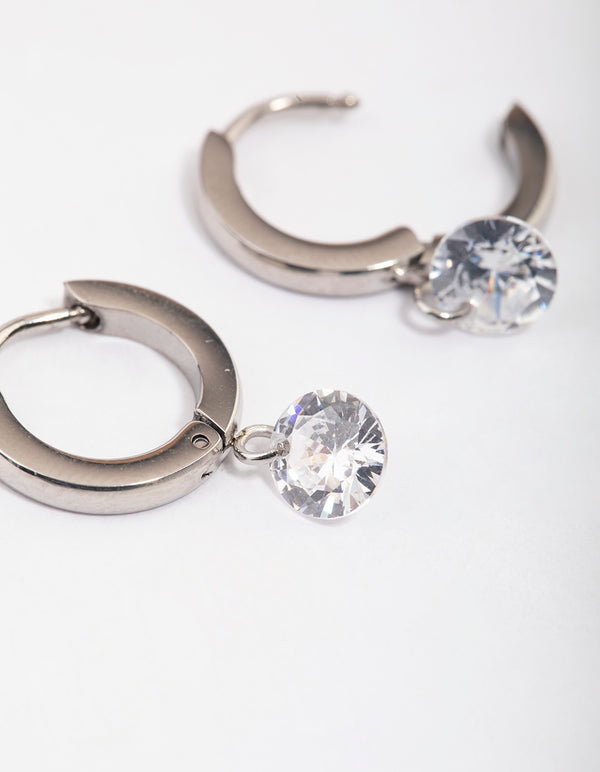 Rhodium Surgical Steel Floating Cubic Zirconia Hoop Earrings