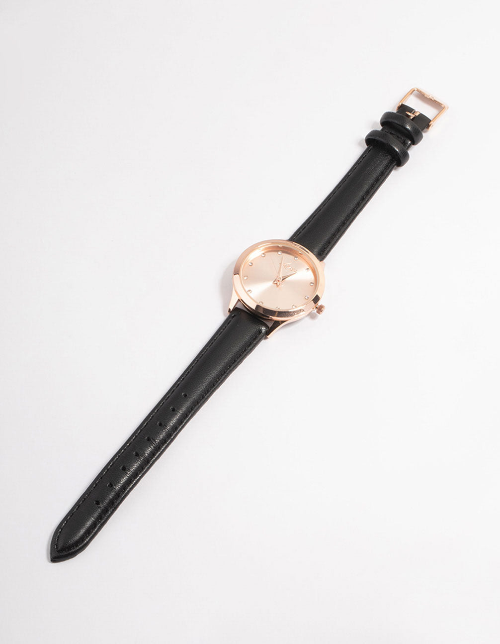 Rose Gold Diamante Black Leather Watch
