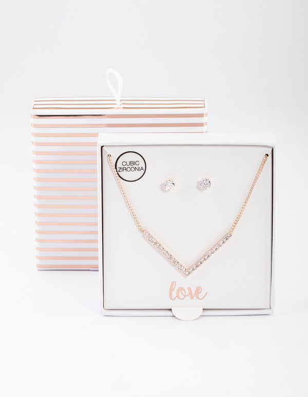 Rose Gold Cubic Zirconia V Necklace & Stud Earrings Set