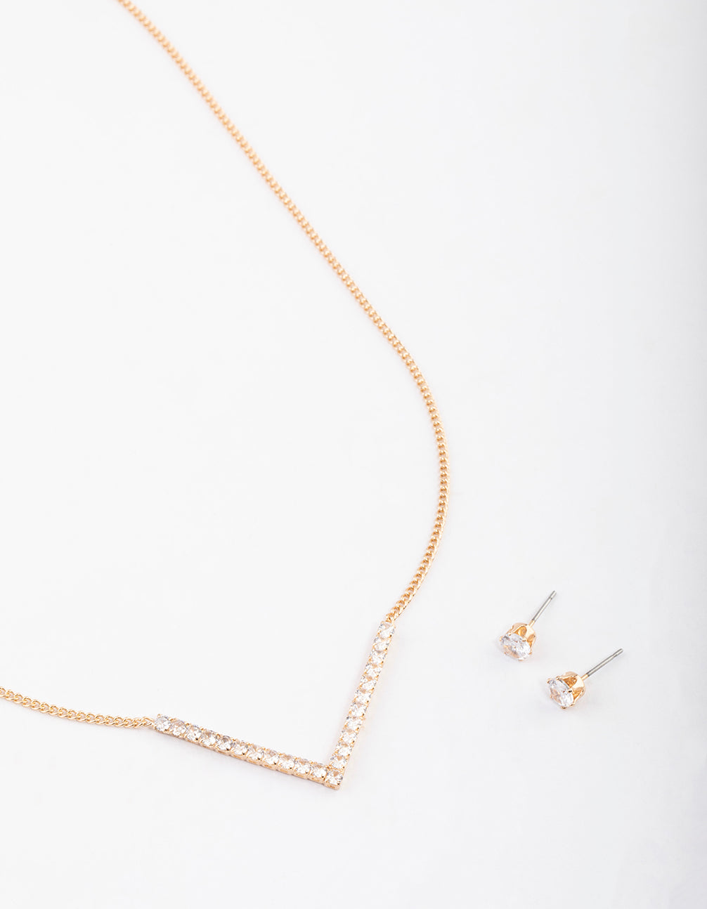 Gold Cubic Zirconia V Necklace & Stud Earrings Set
