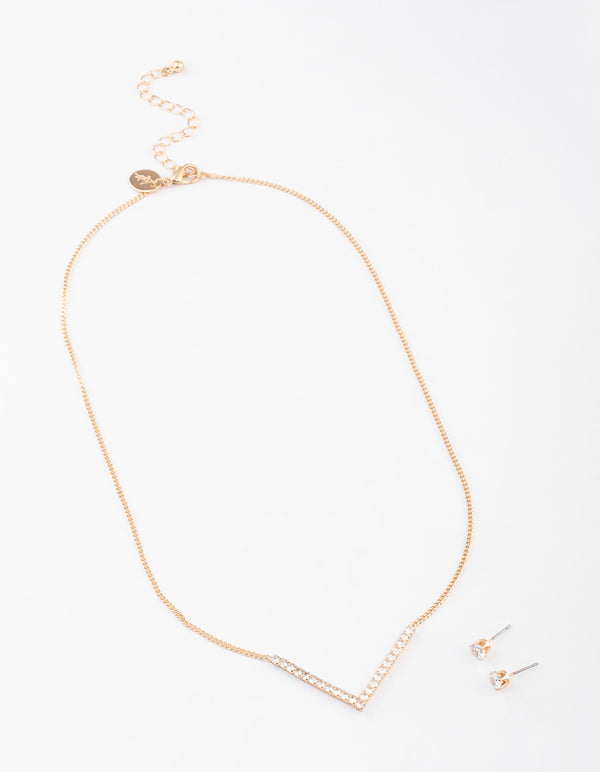 Gold Cubic Zirconia V Necklace & Stud Earrings Set