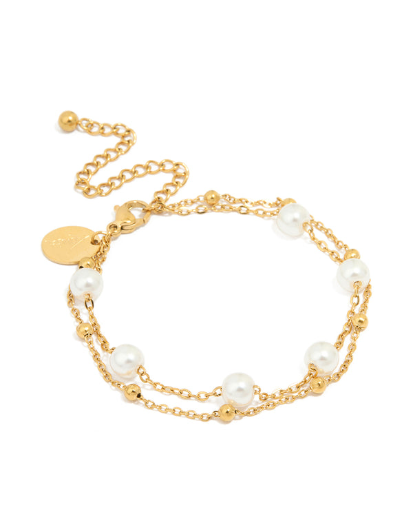 Waterproof Gold Plated Stainless Steel Double Layer Pearl Ball Bracelet