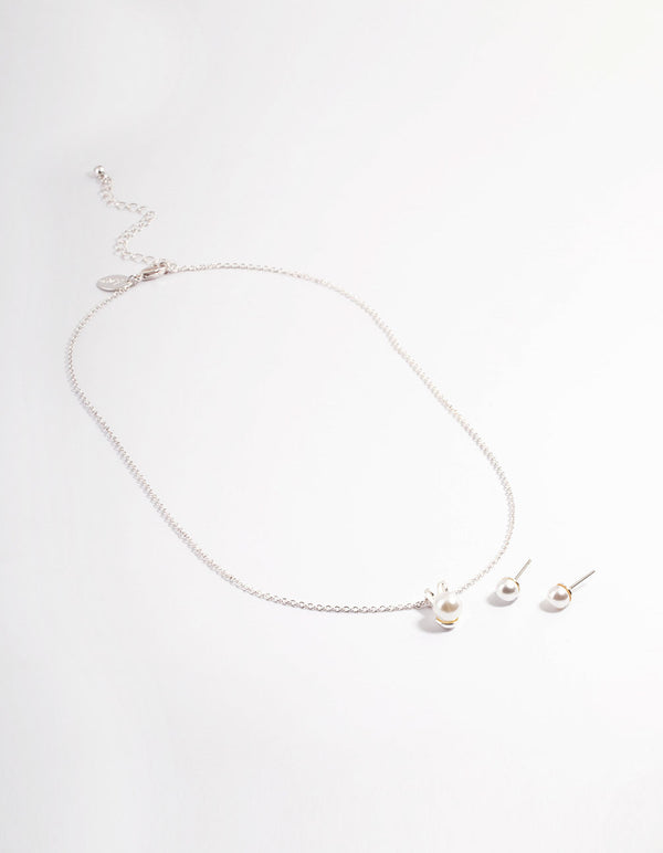 Silver Pearl Bunny Necklace & Stud Earrings