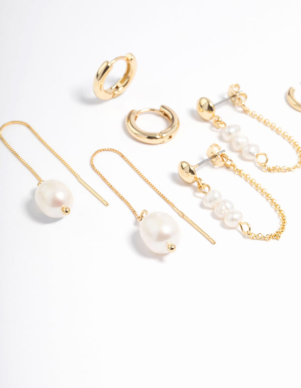 Gold Plated Freshwater Pearl Threader Huggie Earrings 4-Pack