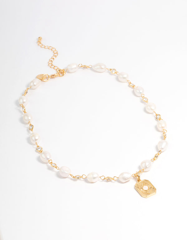 Gold Plated Freshwater Pearl Diamante Chain Pendant Necklace