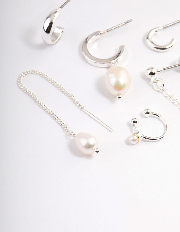 Silver Pearl Threader Stack Earrings