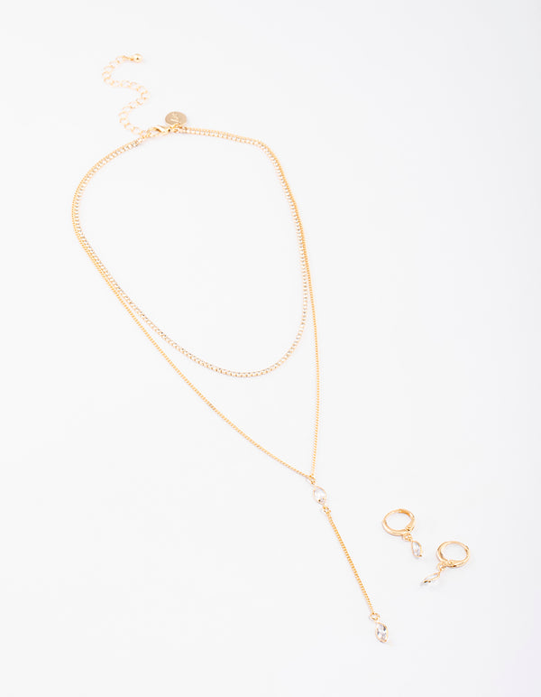Gold Layered Y-Neck Necklace & Earrings Jewellery Set