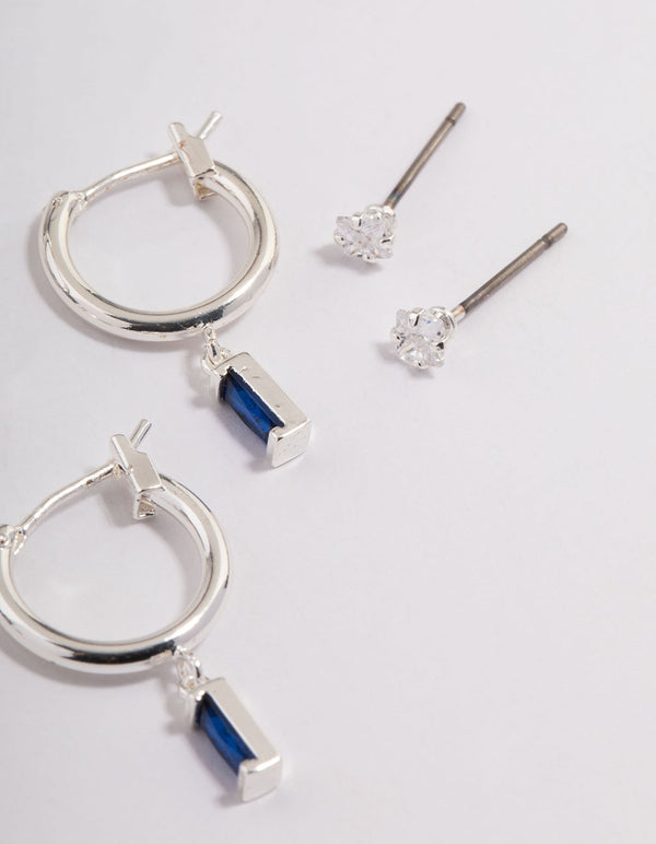 Silver Plated Brass Cubic Zirconia Sapphire Cut Huggie Earrings 6-Pack