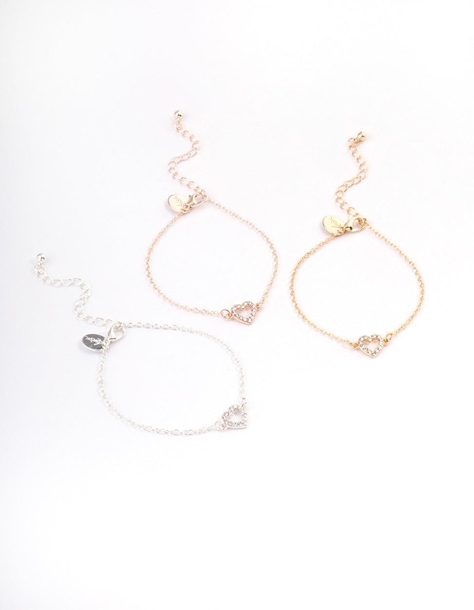 Mixed Metal Diamante Open Heart Bracelet Pack