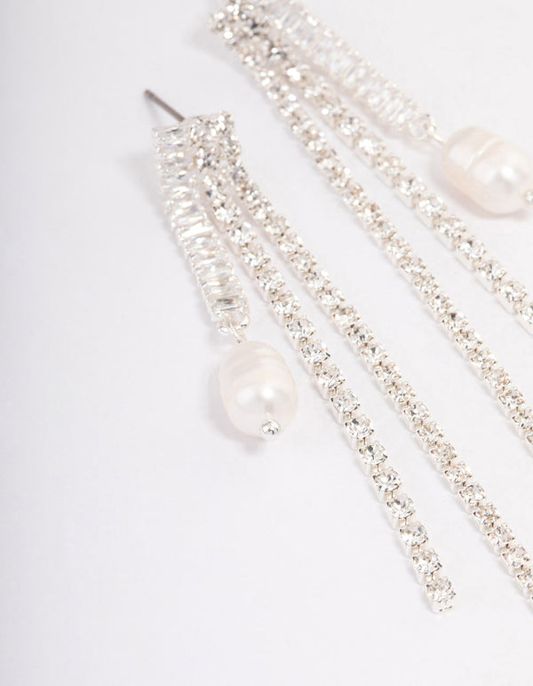 Silver Plated Cubic Zirconia Cupchain Pearl Drop Earrings