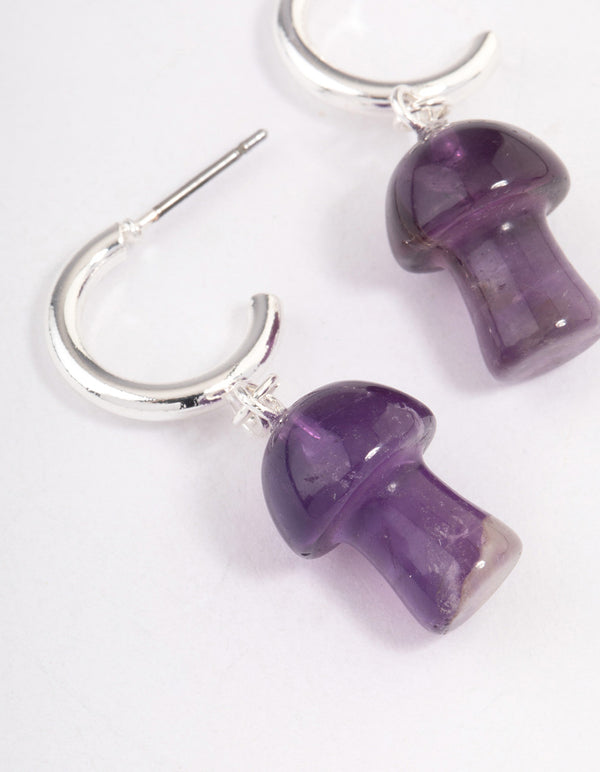 Silver Amethyst Moon & Mushroom Huggie Hoop Earrings