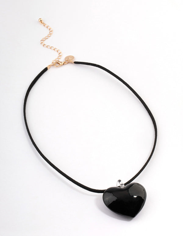 Large Black Puffy Heart Suede Cord Necklace