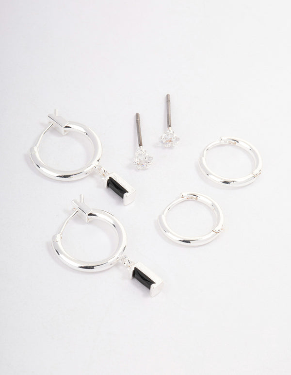 Silver Plated Brass Cubic Zirconia Huggie Earrings Pack