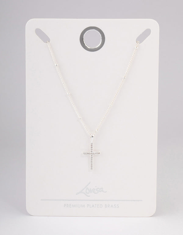Silver Plated Brass Cubic Zirconia Pave Cross Necklace