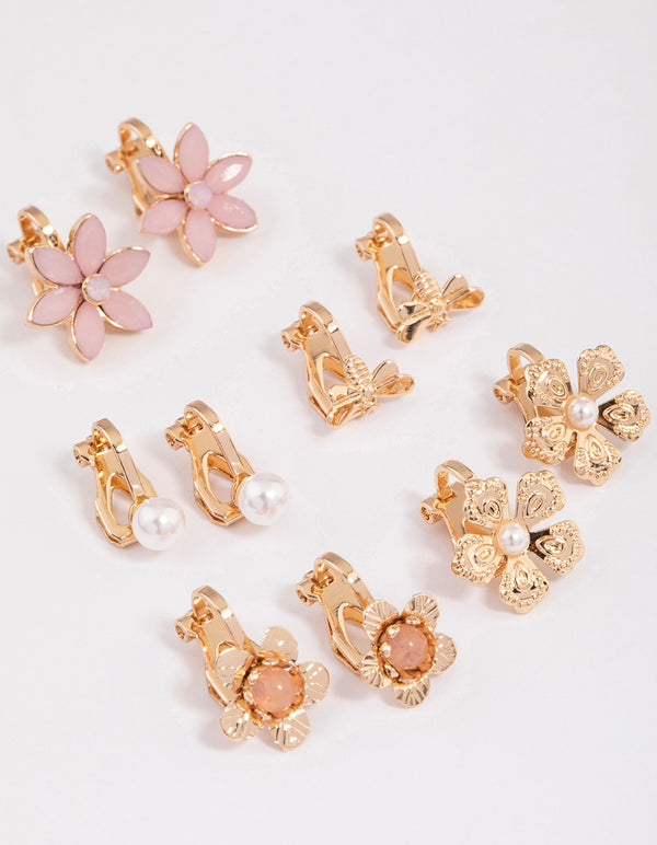 Gold Pretty Flower Clip On Earrings 5-Pack