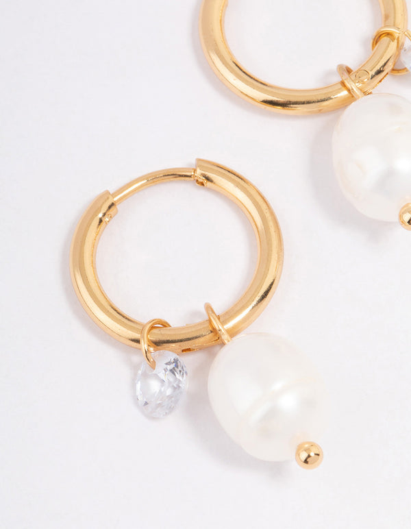 Waterproof Gold Plated Stainless Steel Classic Freshwater Pearl & Cubic Zirconia Huggie Earrings