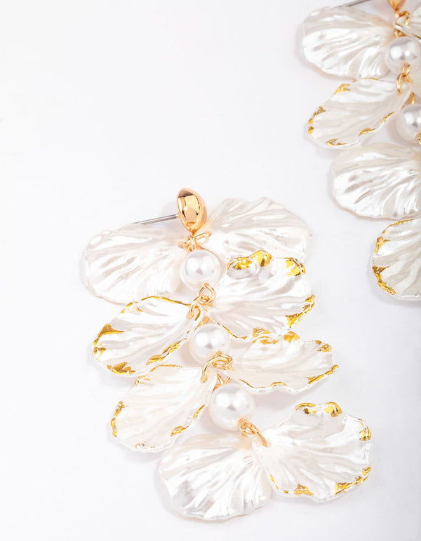 Gold Pearlised Petal Drop Earrings