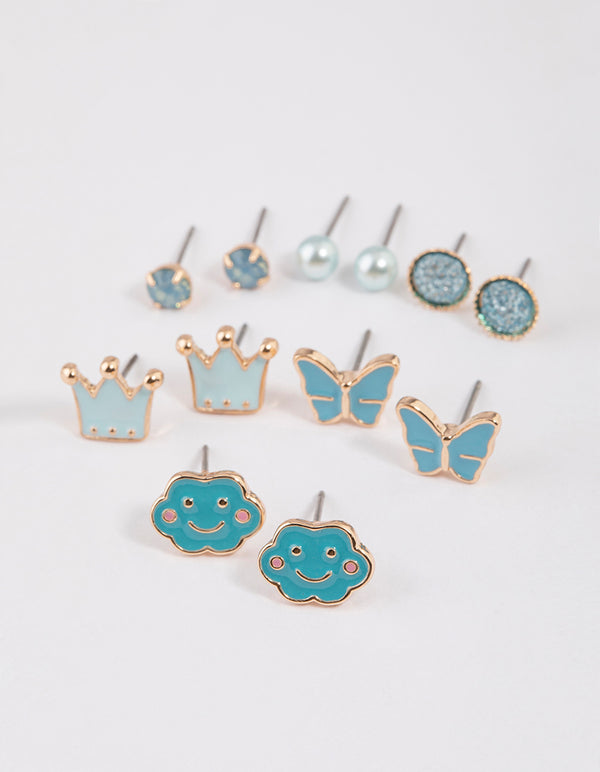Kids Crown Butterfly Stud Earrings 6-Pack