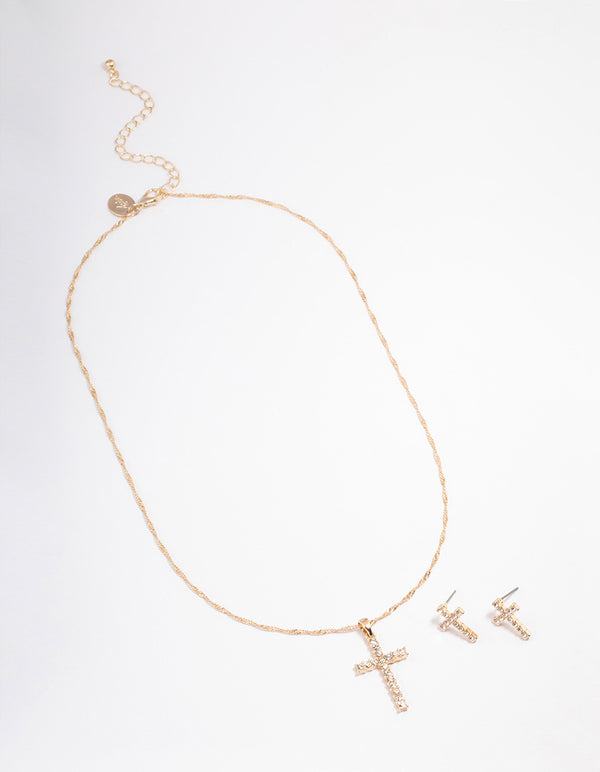 Gold Diamante Cross Jewellery Set