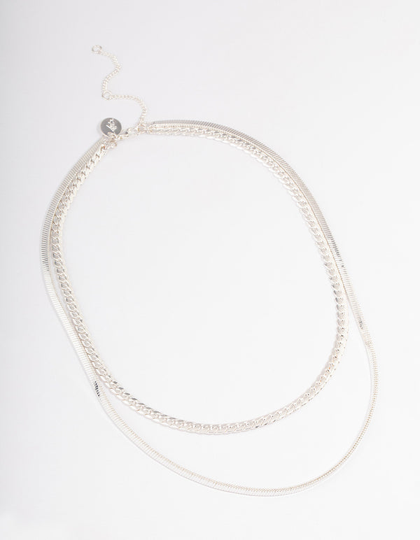 Silver Plated Herringbone & Snake Chain Layered Necklace