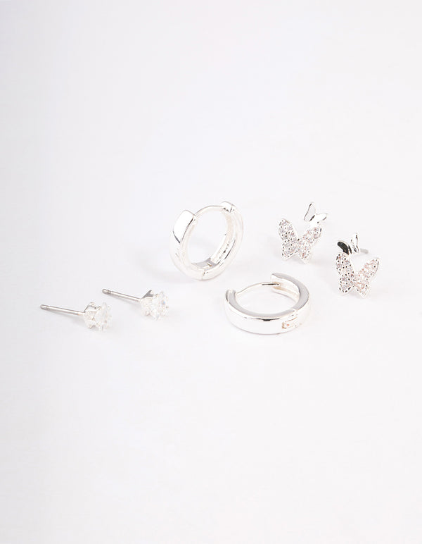 Silver Plated Brass Cubic Zirconia Double Butterfly Earring Pack