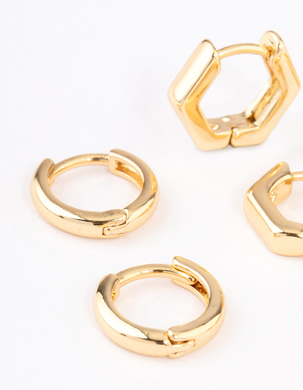 Gold Plated Brass Hexagon Hoop Earrings Pack