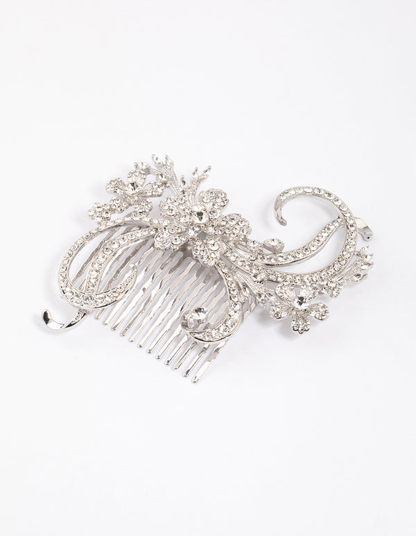Silver Detailed Swirl Flower Hair Comb