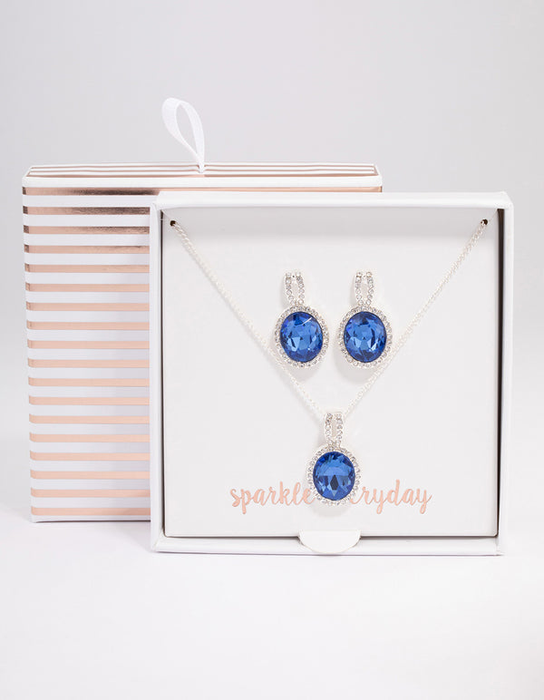 Silver Oval Blue Halo Necklace & Stud Earrings Jewellery Set