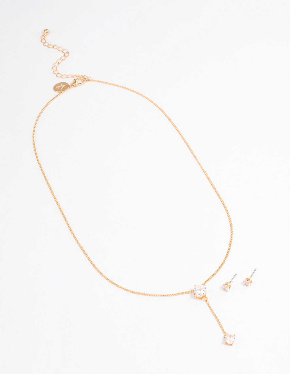 Gold Diamante Y-Shape Necklace & Stud Earrings Jewellery Set