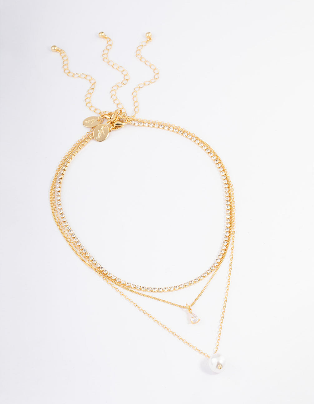 Gold Plated Cup Chain Diamante & Freshwater Pearl Layered Necklace