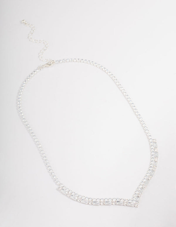 Silver Plated Cubic Zirconia Round & Baguette V-Necklace