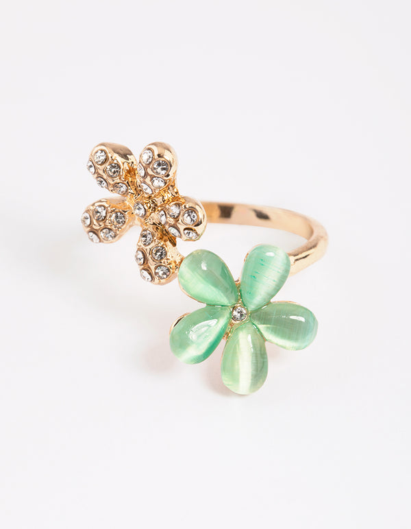Gold Diamante & Cats Eye Flower Ring