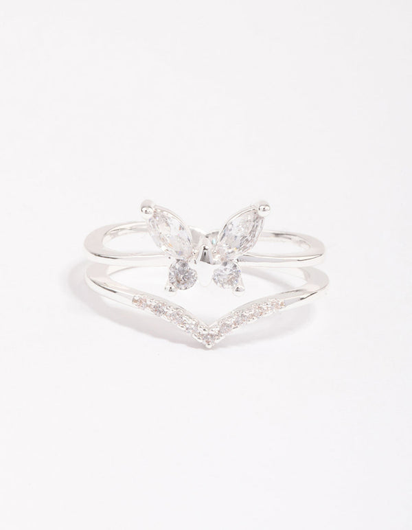 Silver Plated Cubic Zirconia Butterfly Double Band Ring