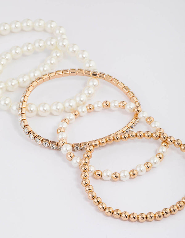 Gold Mixed Diamante Pearl Stretch Bracelet Pack