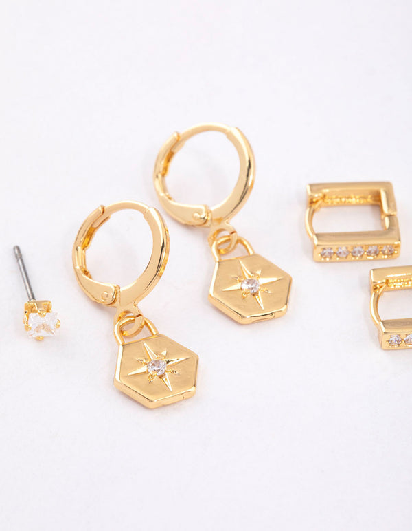 Gold Plated Brass Cubic Zirconia Hexagon & Square Earrings 6-Pack