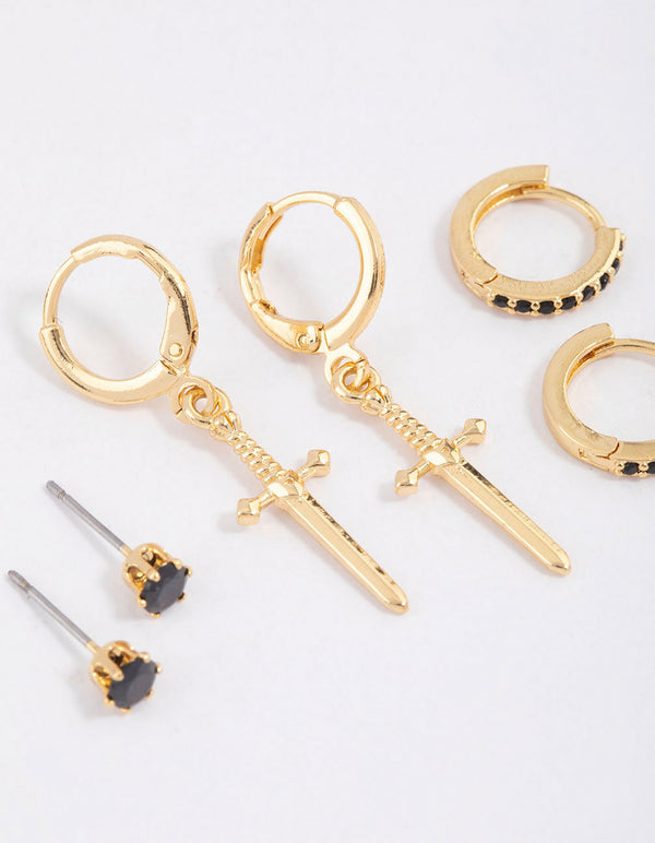 Gold Plated Brass Cubic Zirconia Dagger Huggie Earrings Pack