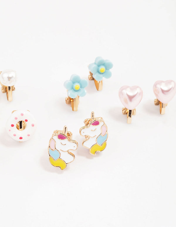 Kids Donut & Flower Clip On Earrings 6-Pack