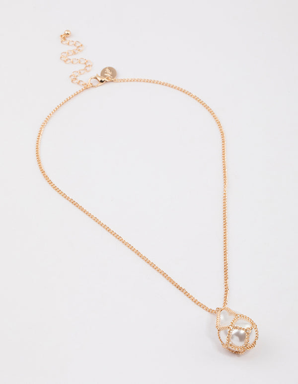 Gold Chain Caged Pearl Pendant Necklace