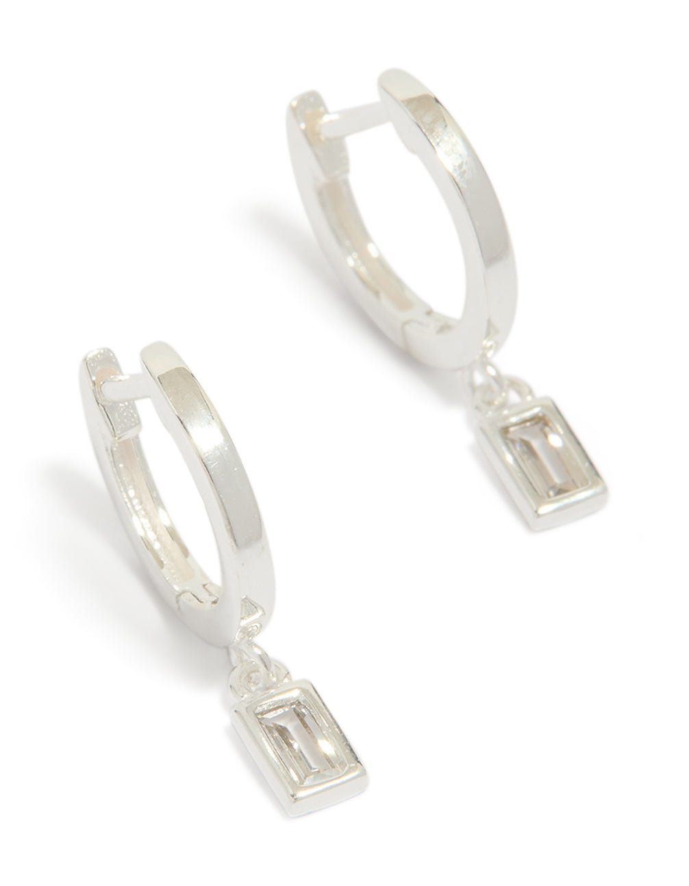 Sterling Silver Cubic Zirconia Baguette Drop Huggie Earrings