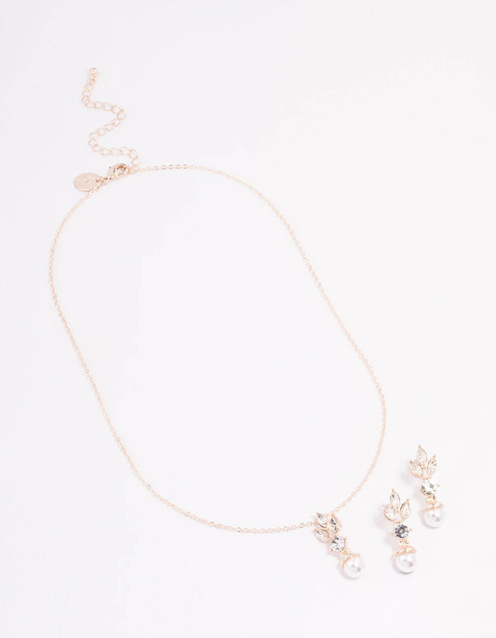 Rose Gold Leafy Diamante & Pearl Jewellery Set