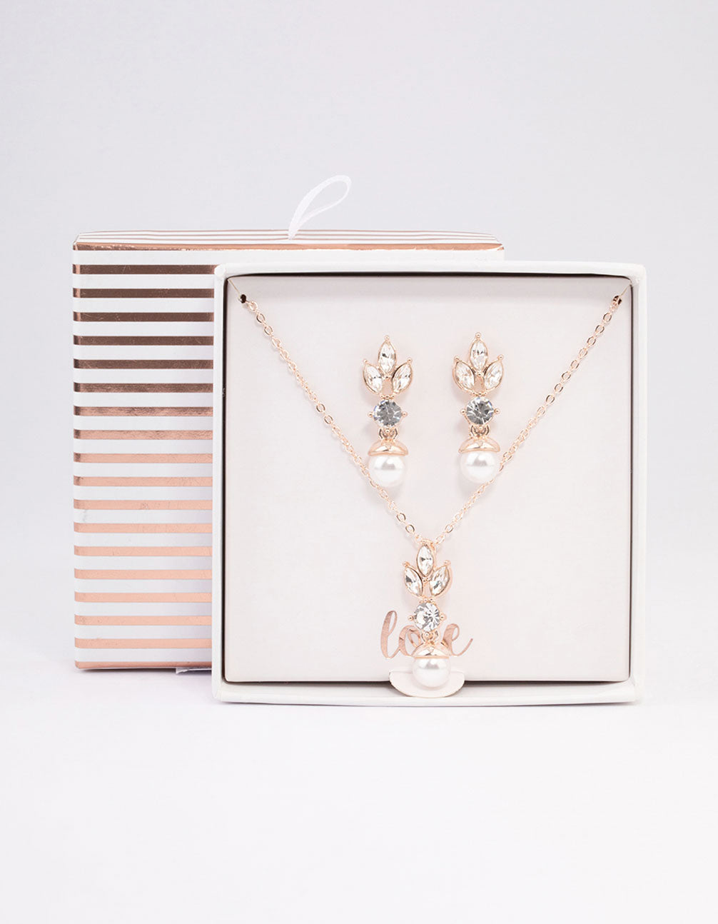 Rose Gold Leafy Diamante & Pearl Jewellery Set