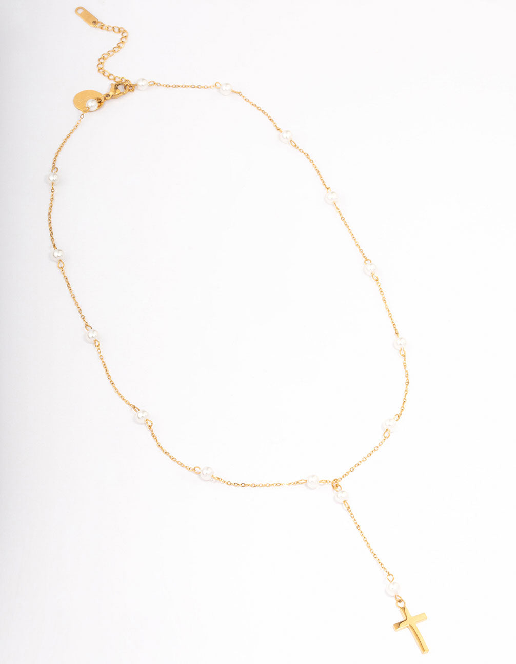 Waterproof Gold Plated Stainless Steel Pearl Station Cross Necklace