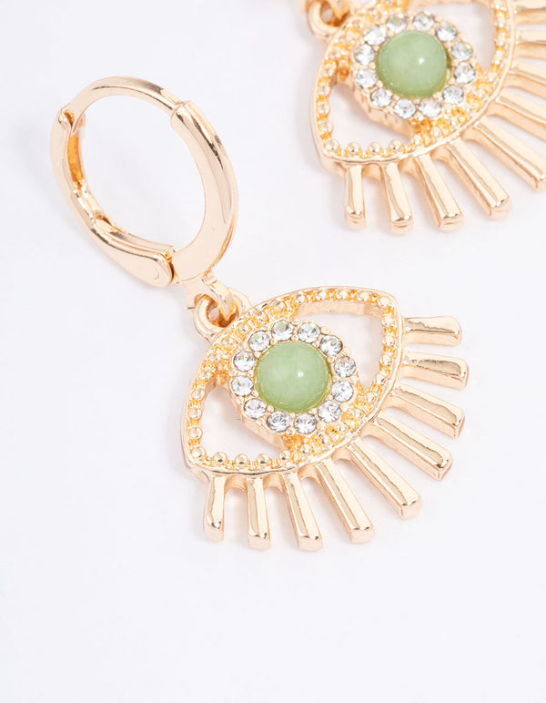 Gold Green Aventurine Diamante Eye Huggie Earrings