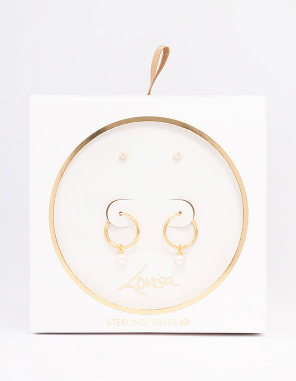 Gold Plated Sterling Silver Cubic Zirconia & Pearl Huggie Earring Pack